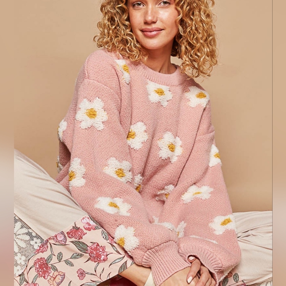 POL PINK Daisy Pattern Drop Shoulder Sweater